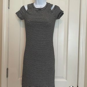 Cotton on women’s black & white striped bodycon midi dress, off-shoulder